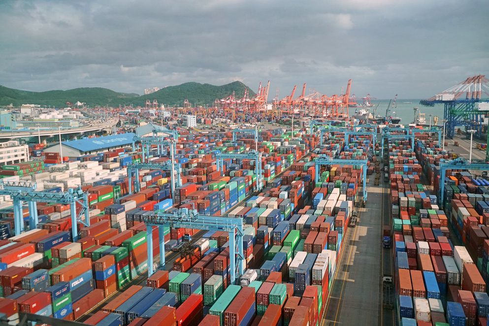 Container terminal yard with gantry cranes at the Port of Busan