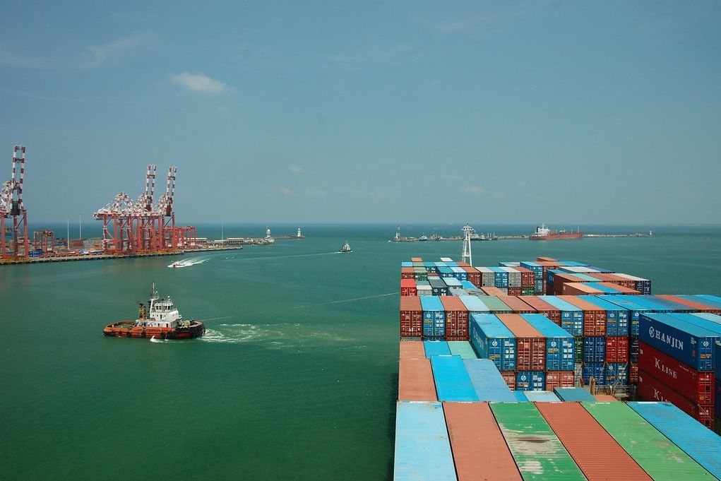 Container ship and stacked containers at the Port of Colombo