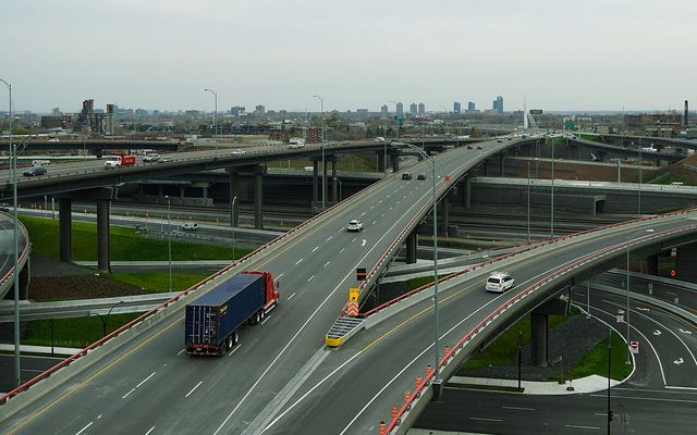 A truck crossing a highway interchange