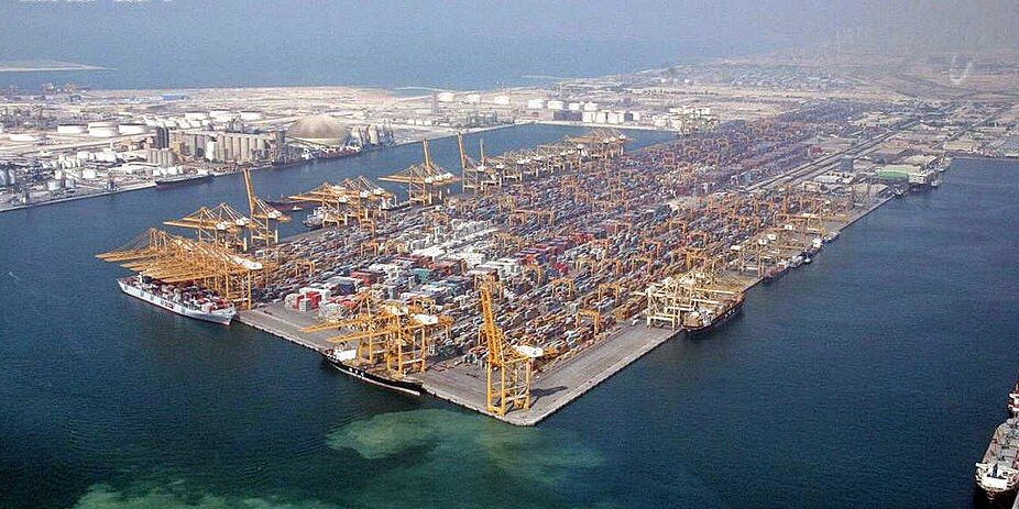 Aerial view of Jebel Ali port basins and container berths in Dubai