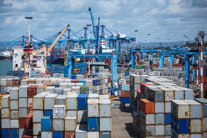 Container stacks and cranes at the Port of Mombasa
